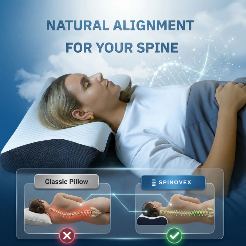 Natural cervical spine alignment using Spinovex ergonomic pillow while sleeping