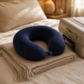 Navy memory foam travel neck pillow on a bed next to a suitcase