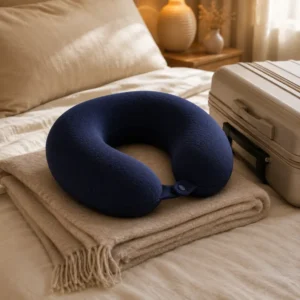 Navy memory foam travel neck pillow on a bed next to a suitcase